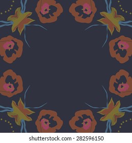 Circular  seamless pattern of  floral motif,  spots, stamens, leaves. Hand drawn.