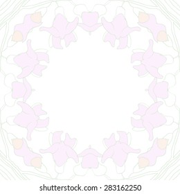 Circular  seamless pattern of floral motif, stripes,  spots, branches, garland, copy space. Hand drawn.