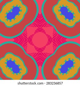 Circular  seamless pattern of floral motif, stripes,  spots, hole. Hand drawn.