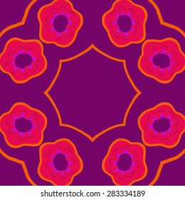 Circular  seamless pattern of floral motif, stamens, stylized flowers,star, copy space. Hand drawn.