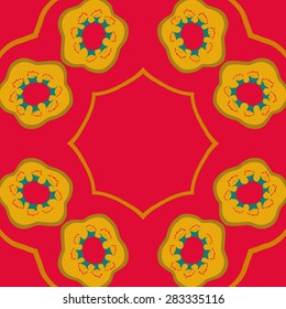 Circular  seamless pattern of floral motif, stamens, stylized flowers,star, copy space. Hand drawn.