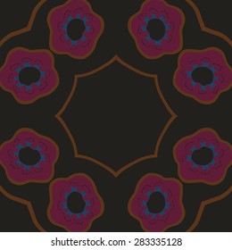 Circular  seamless pattern of floral motif, stamens, stylized flowers,star, copy space. Hand drawn.