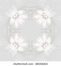Circular  seamless pattern of floral motif, ellipses,leaves, stamens, branches, copy space. Hand drawn.