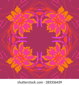 Circular  seamless pattern of floral motif, ellipses,leaves, stamens, branches, copy space. Hand drawn.