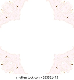 Circular  seamless pattern of floral motif, stamens, flowers, stripes, spots, copy space. Hand drawn.