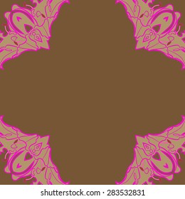 Circular  seamless pattern of floral motif, stamens, flowers, stripes, spots, copy space. Hand drawn.