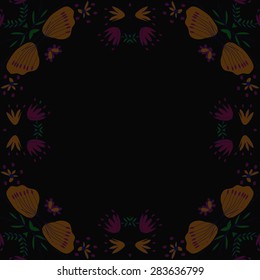 Circular  seamless pattern of floral motif, ellipses, branches, leaves, copy space. Hand drawn.