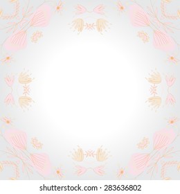 Circular  seamless pattern of floral motif, ellipses, branches, leaves, copy space. Hand drawn.