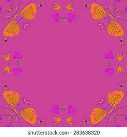 Circular  seamless pattern of floral motif, ellipses, branches, leaves, copy space. Hand drawn.