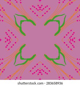 Circular  seamless pattern of floral motif, ellipses, branches, copy space. Hand drawn.