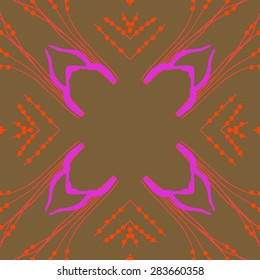 Circular  seamless pattern of floral motif, ellipses, branches, copy space. Hand drawn.
