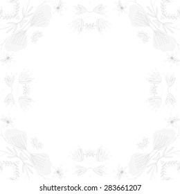Circular  seamless pattern of floral motif, ellipses, branches, leaves, copy space. Hand drawn.