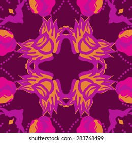 Circular  seamless pattern of floral motif, ellipses, spots, flowers, leaves, copy space. Hand drawn.