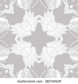 Circular  seamless pattern of floral motif, ellipses, spots, flowers, leaves, copy space. Hand drawn.