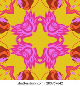 Circular  seamless pattern of floral motif, ellipses, spots, flowers, leaves, copy space. Hand drawn.