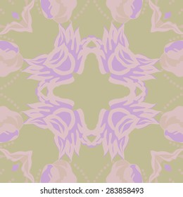 Circular  seamless pattern of floral motif, ellipses, spots, flowers, leaves, copy space. Hand drawn.