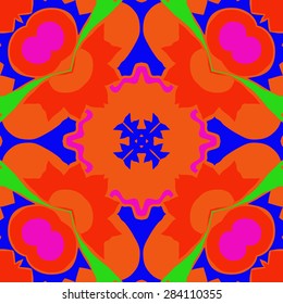 Circular  seamless pattern of  floral motif, zigzag, waves, hole. Hand drawn.