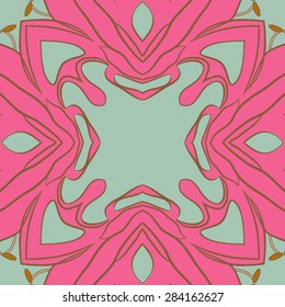 Circular  seamless pattern of  floral motif, stylized flower,stamens,stripes, spots, copy space. Hand drawn.