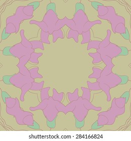Circular  seamless pattern of  floral motif, flowers,stripes, garland, copy space. Hand drawn.