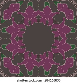 Circular  seamless pattern of  floral motif, flowers,stripes, garland, copy space. Hand drawn.