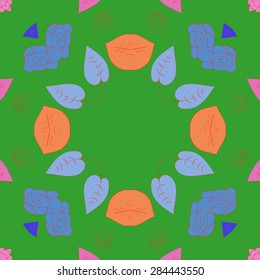 Circular  seamless pattern of  floral motif, stylized flower, spots,leaves, spirals, copy space. Hand drawn.