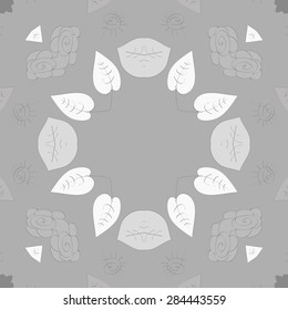 Circular  seamless pattern of  floral motif, stylized flower, spots,leaves, spirals, copy space. Hand drawn.
