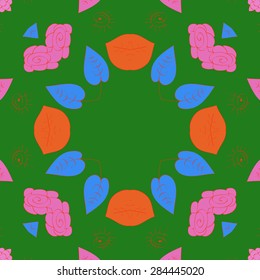 Circular  seamless pattern of  floral motif, stylized flower, spots,leaves, spirals, copy space. Hand drawn.