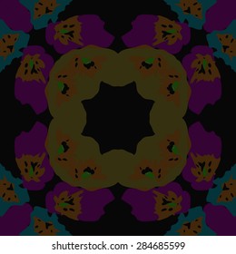 Circular  seamless pattern of  floral motif, stamens, spots, hole, copy space. Hand drawn.