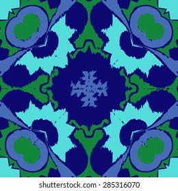 Circular  seamless pattern of  floral motif, spots,  zigzag, cross, hole. Hand drawn.