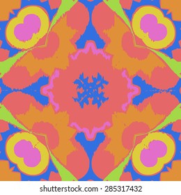 Circular  seamless pattern of  floral motif, spots,  zigzag, cross, hole. Hand drawn.