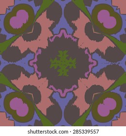 Circular  seamless pattern of  floral motif, spots,  zigzag, cross, hole. Hand drawn.