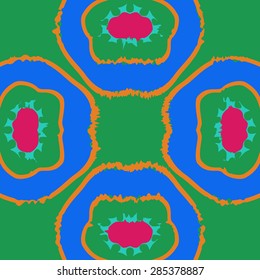 Circular  seamless pattern of  floral motif, spots, ellipse, stripes, copy space. Hand drawn.