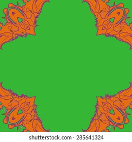 Circular  seamless pattern of floral motif, stamens, flowers, stripes, spots, wave, copy space. Hand drawn.