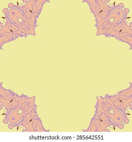 Circular  seamless pattern of floral motif, stamens, flowers, stripes, spots, wave, copy space. Hand drawn.