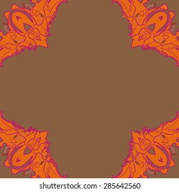 Circular  seamless pattern of floral motif, stamens, flowers, stripes, spots, wave, copy space. Hand drawn.