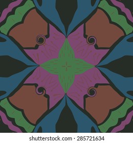 Circular  seamless pattern of  floral motif, doodles, spots,cross, spiral. Hand drawn.
