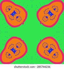 Circular  seamless pattern of  floral motif, doodles, spots, stamens, hole, copy space. Hand drawn.