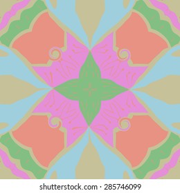 Circular  seamless pattern of  floral motif, doodles, spots,cross, spiral. Hand drawn.