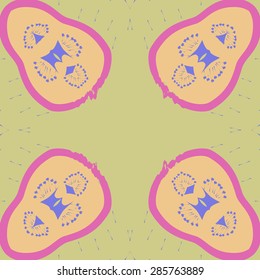 Circular  seamless pattern of  floral motif, doodles, spots, stamens, hole, copy space. Hand drawn.