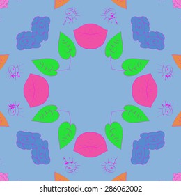 Circular  seamless pattern of  floral motif, stylized flower, spots, leaves, spirals,wave, copy space. Hand drawn.