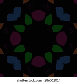 Circular  seamless pattern of  floral motif, stylized flower, spots, leaves, spirals,wave, copy space. Hand drawn.
