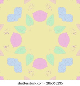 Circular  seamless pattern of  floral motif, stylized flower, spots, leaves, spirals,wave, copy space. Hand drawn.