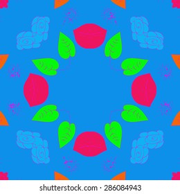 Circular  seamless pattern of  floral motif, stylized flower, spots, leaves, spirals,wave, copy space. Hand drawn.