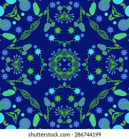 Circular  seamless pattern of floral motif, doodles, spots, stars, spirals. Hand drawn.