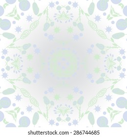 Circular  seamless pattern of floral motif, doodles, spots, stars, spirals. Hand drawn.