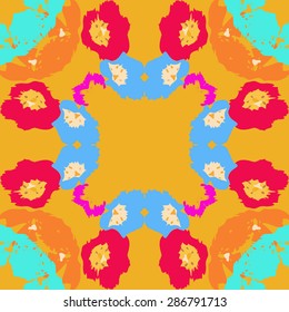 Circular  seamless pattern of floral motif, spots, stars, flowers, copy space. Hand drawn.
