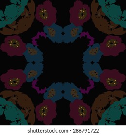 Circular  seamless pattern of floral motif, spots, stars, flowers, copy space. Hand drawn.