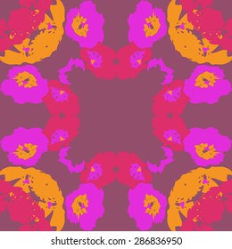 Circular  seamless pattern of floral motif, spots, stars, flowers, copy space. Hand drawn.