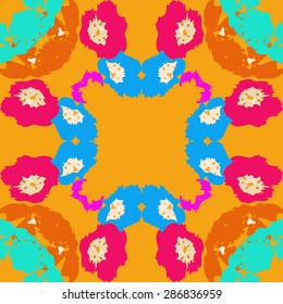 Circular  seamless pattern of floral motif, spots, stars, flowers, copy space. Hand drawn.
