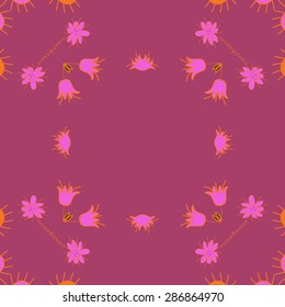 Circular seamless  pattern of  floral motif, branches, flowers, doodles, copy space. Hand drawn.
